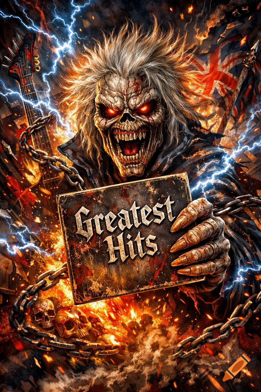 A zombie-like figure with glowing red eyes and spiky white hair holds a 'Greatest Hits' sign, surrounded by lightning, fire, skulls, and a guitar, in a heavy metal art style.