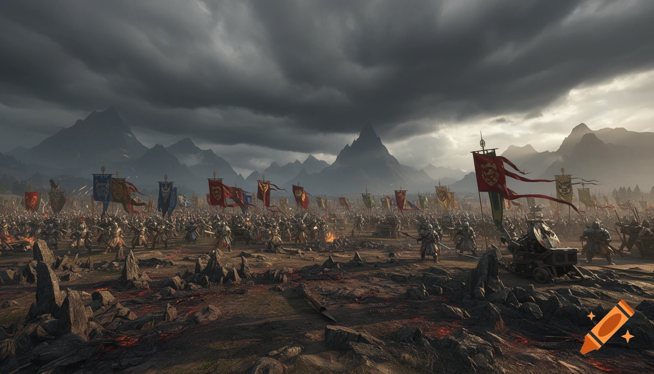 A massive fantasy army of armored knights with colorful banners stands ready for battle on a desolate, rocky field under stormy skies, photorealistic.