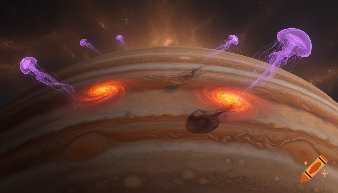 Photorealistic Jupiter with glowing orange storms and violet translucent jellyfish-like creatures against a starry, nebular background.