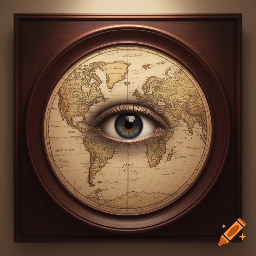 A realistic human eye with a blue iris superimposed on an antique world map, enclosed in a round, dark wooden frame.