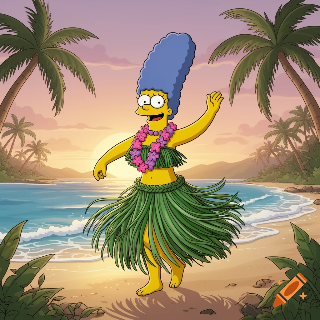 Marge Simpson in a hula skirt and lei dances on a tropical beach at sunset, cartoon style.