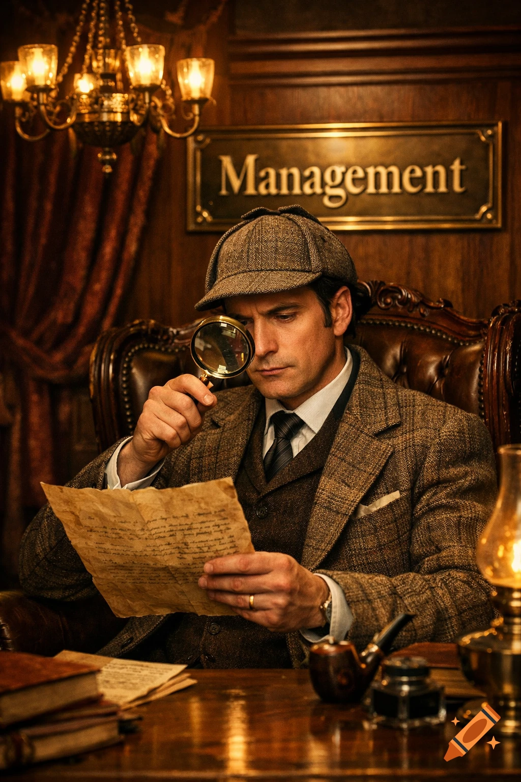 A man in a detective outfit with a magnifying glass examines a document in a vintage study with a 'Management' sign.