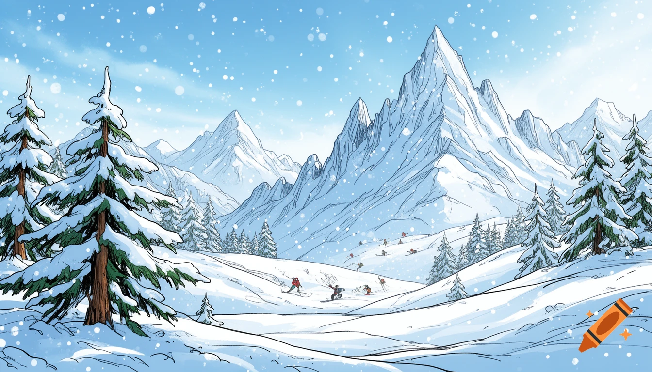 A comic-style winter mountain landscape with snow-covered trees, pointy peaks, and small figures skiing and snowboarding.