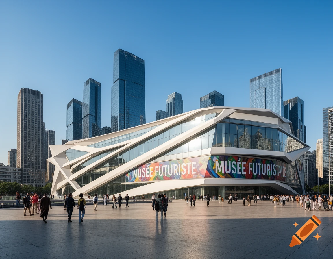 A striking modern white and glass museum building with the text 'MUSÉE FUTURISTE' in a bustling city plaza with skyscrapers, photorealistic.