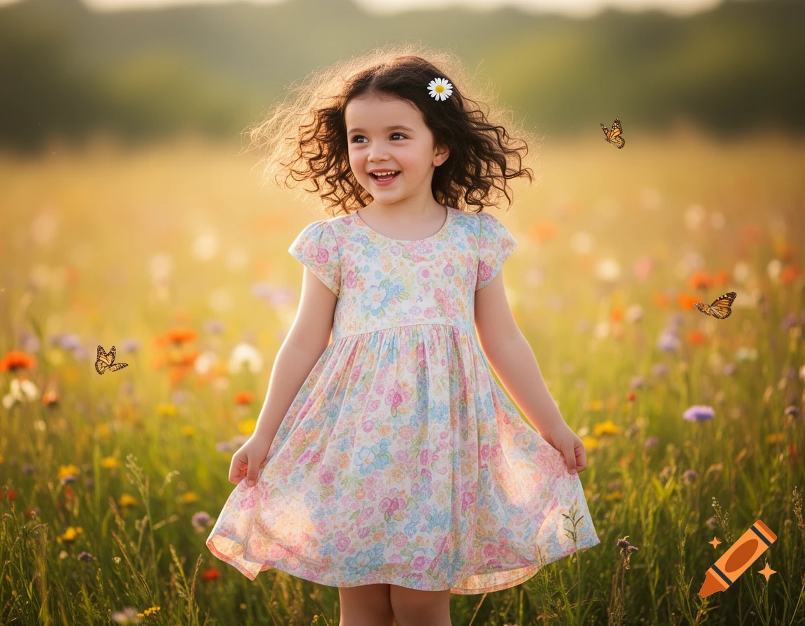 A smiling little girl with curly hair and a floral dress stands in a sunlit field with butterflies.