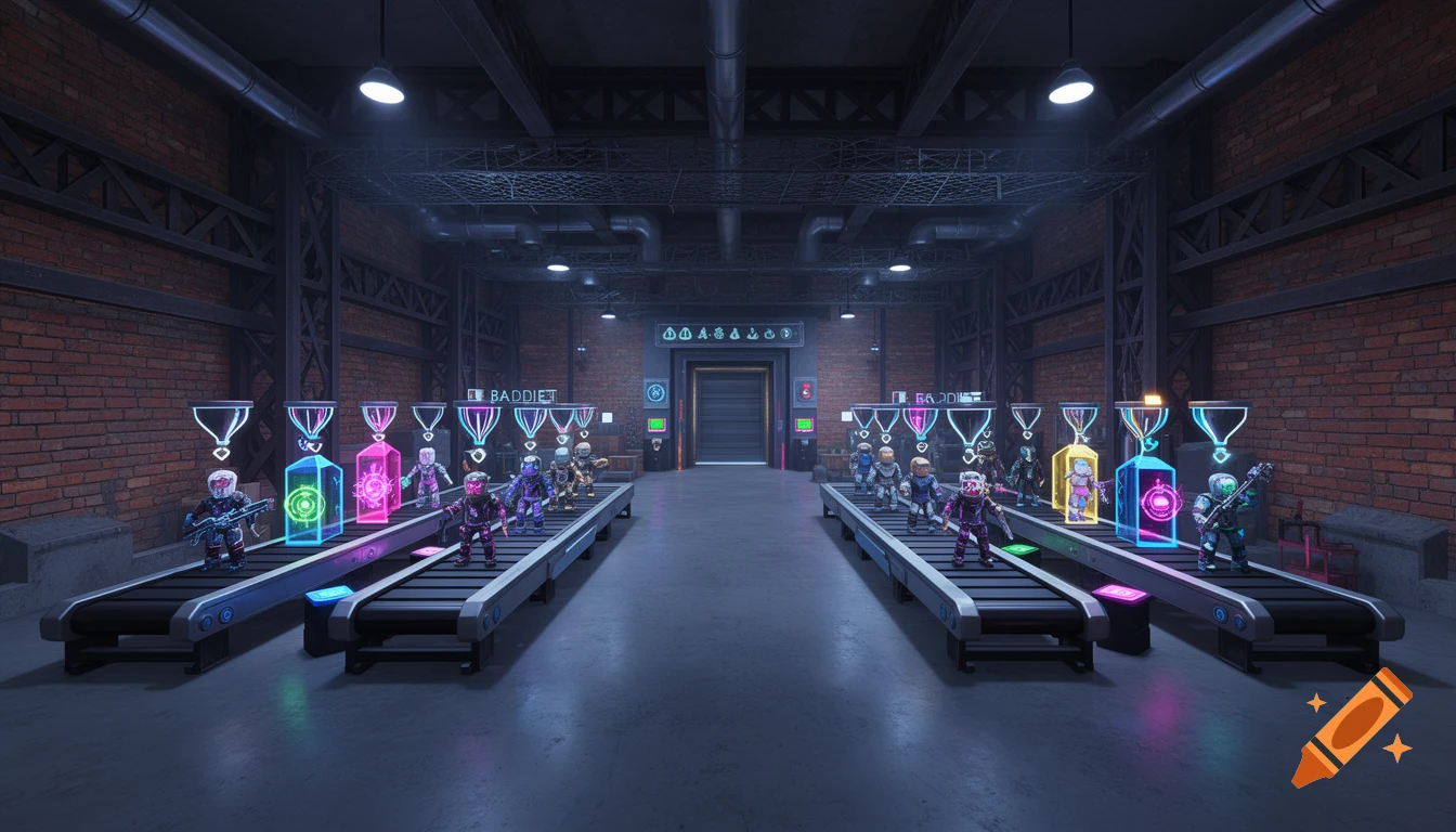 A futuristic factory with two conveyor belts assembling robot figures from glowing cubes in an industrial setting with neon lights.