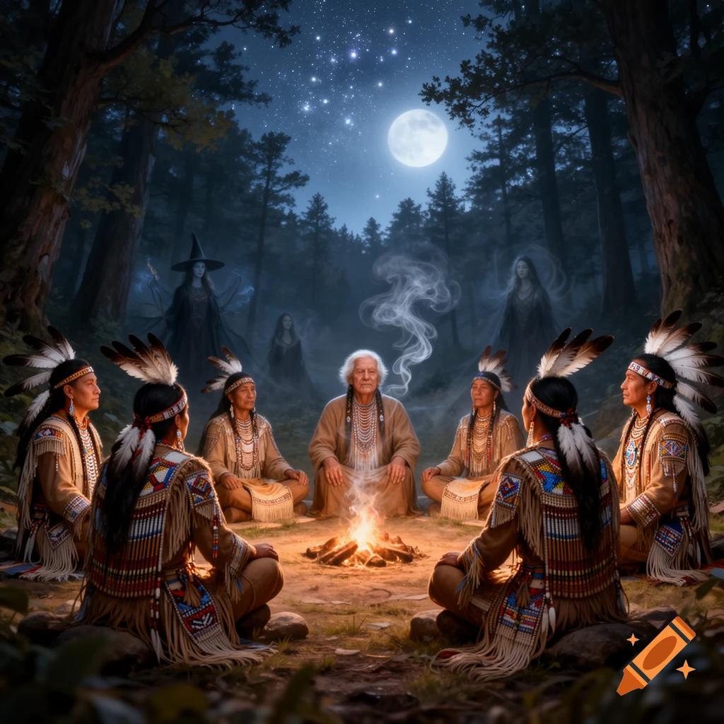 Photorealistic image of people in traditional attire around a campfire in a dark forest, with a full moon and spirits in the background.