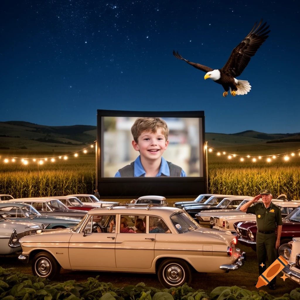 A nostalgic night scene at a drive-in movie theater with classic cars, a smiling boy on the screen, a saluting veteran, and a bald eagle flying under a starry sky.