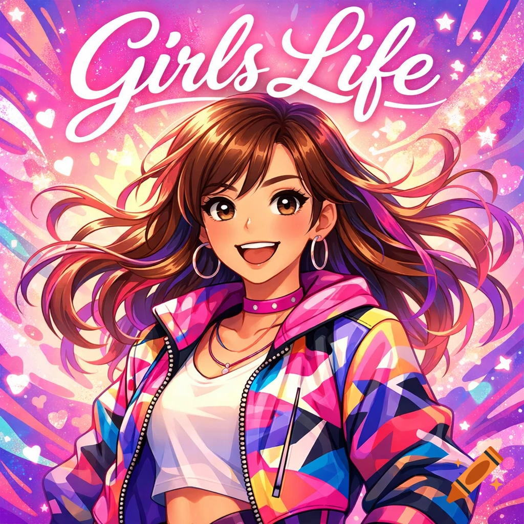 An anime girl with long brown hair and a colorful geometric jacket smiles under the text "Girls Life" on a pink and purple sparkling background.