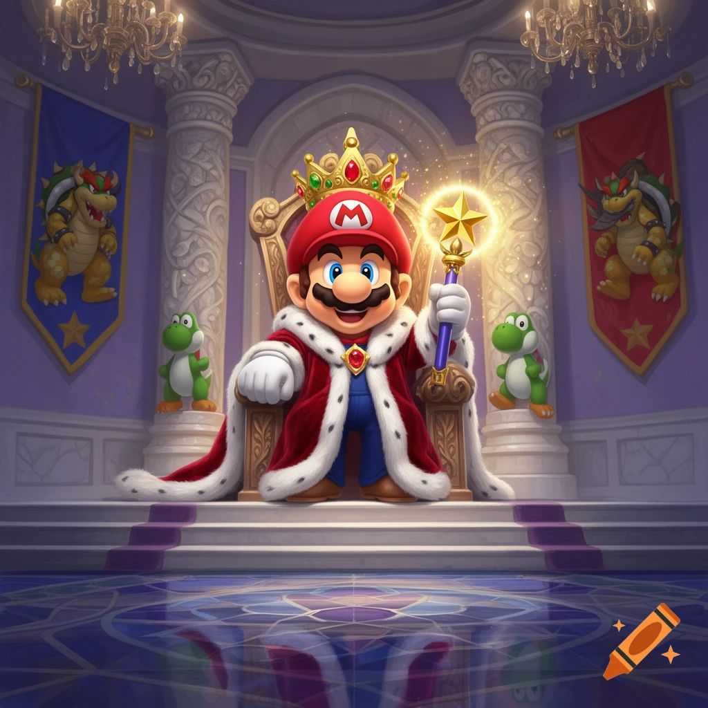 Mario, dressed as a king in a red robe and crown, sits on a throne holding a star scepter in a lavish royal hall with Yoshis.
