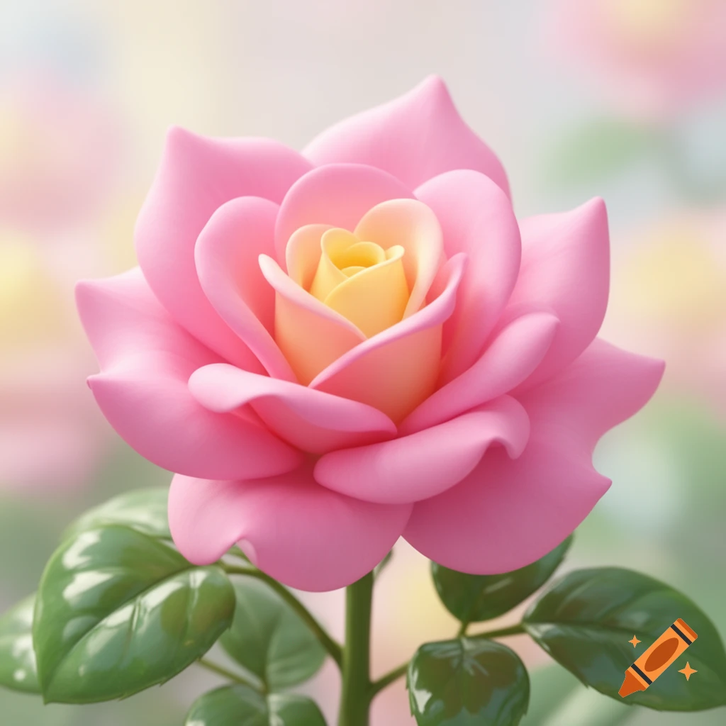 A stylized pink and yellow rose with green leaves, rendered in a smooth, kawaii aesthetic on a soft, blurred background.