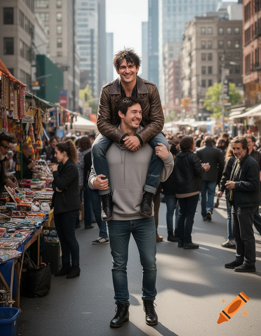 A man rides on the shoulders of another man, smiling, in a bustling city street market.