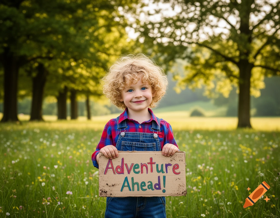 A smiling young child with curly blond hair holds an 'Adventure Ahead!' sign in a sunny, green meadow with trees.