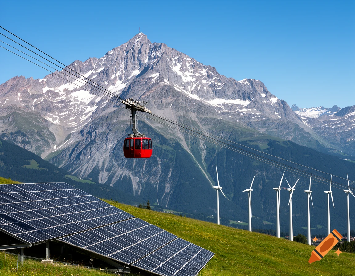 A red cable car travels up a green mountain with solar panels, wind turbines, and snow-capped peaks under a blue sky.