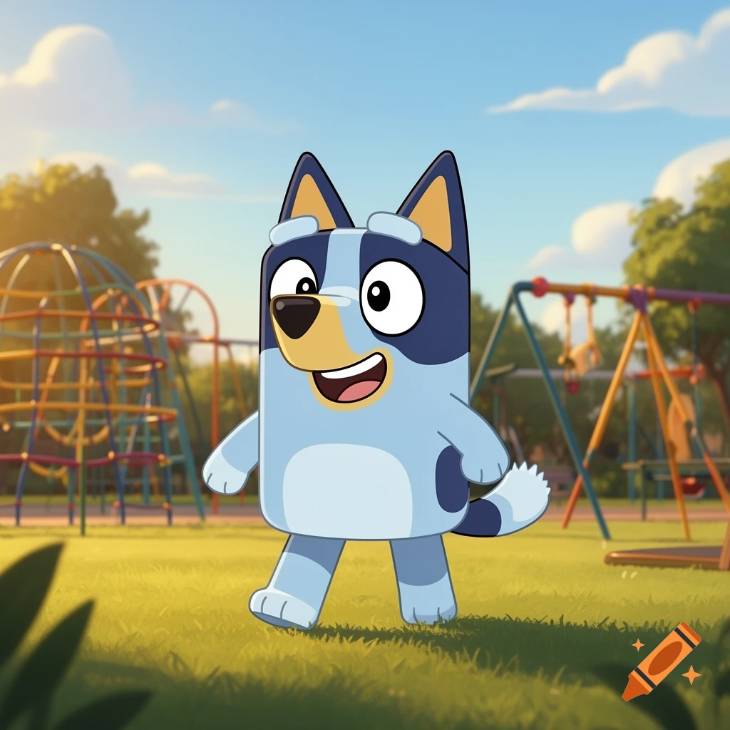 A cheerful cartoon Bluey walks in a sunny playground with colorful climbing frames and swings.
