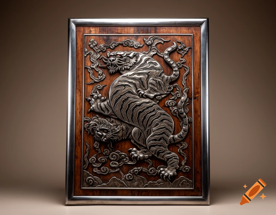 A decorative rectangular wooden panel with a steel frame, featuring an intricate metal relief of a fierce tiger in traditional Chinese style.