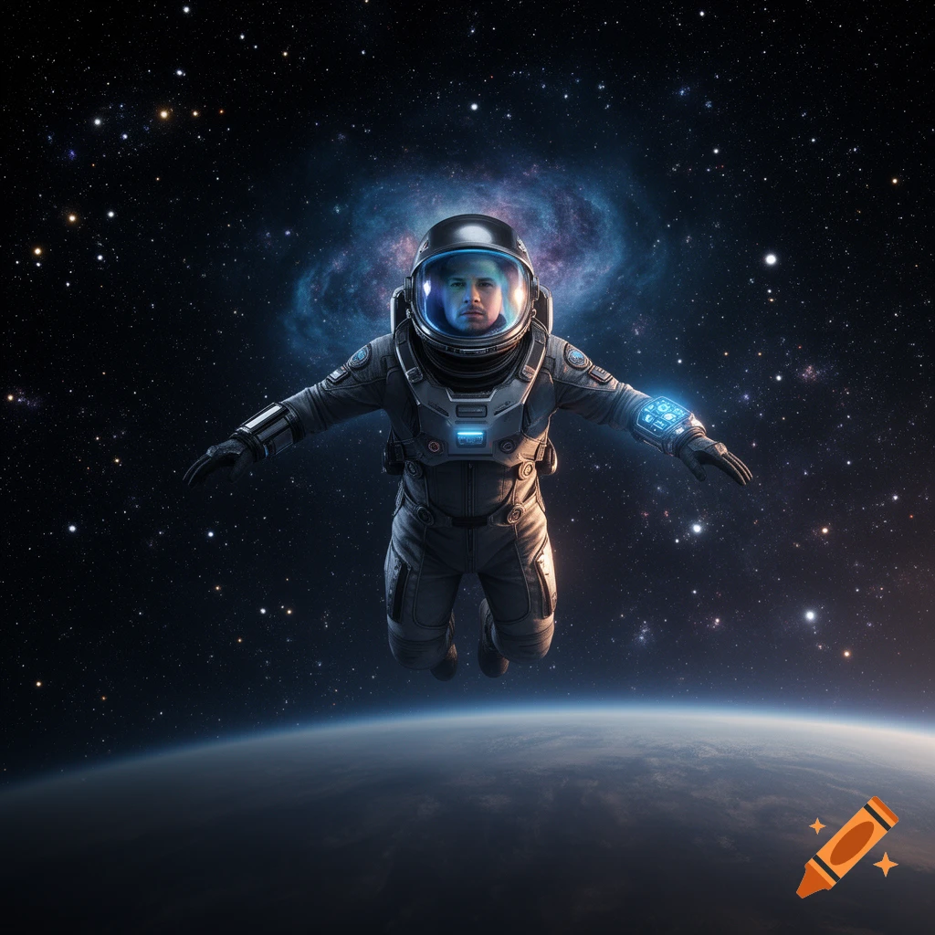 A photorealistic image of an astronaut in a detailed suit floating in deep space above a planet, with a vibrant blue galaxy in the background.