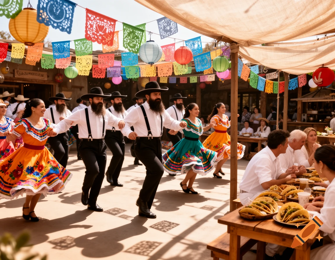 Bearded men and women in folk dresses dance at a vibrant outdoor festival with papel picado, while people eat tacos at tables.
