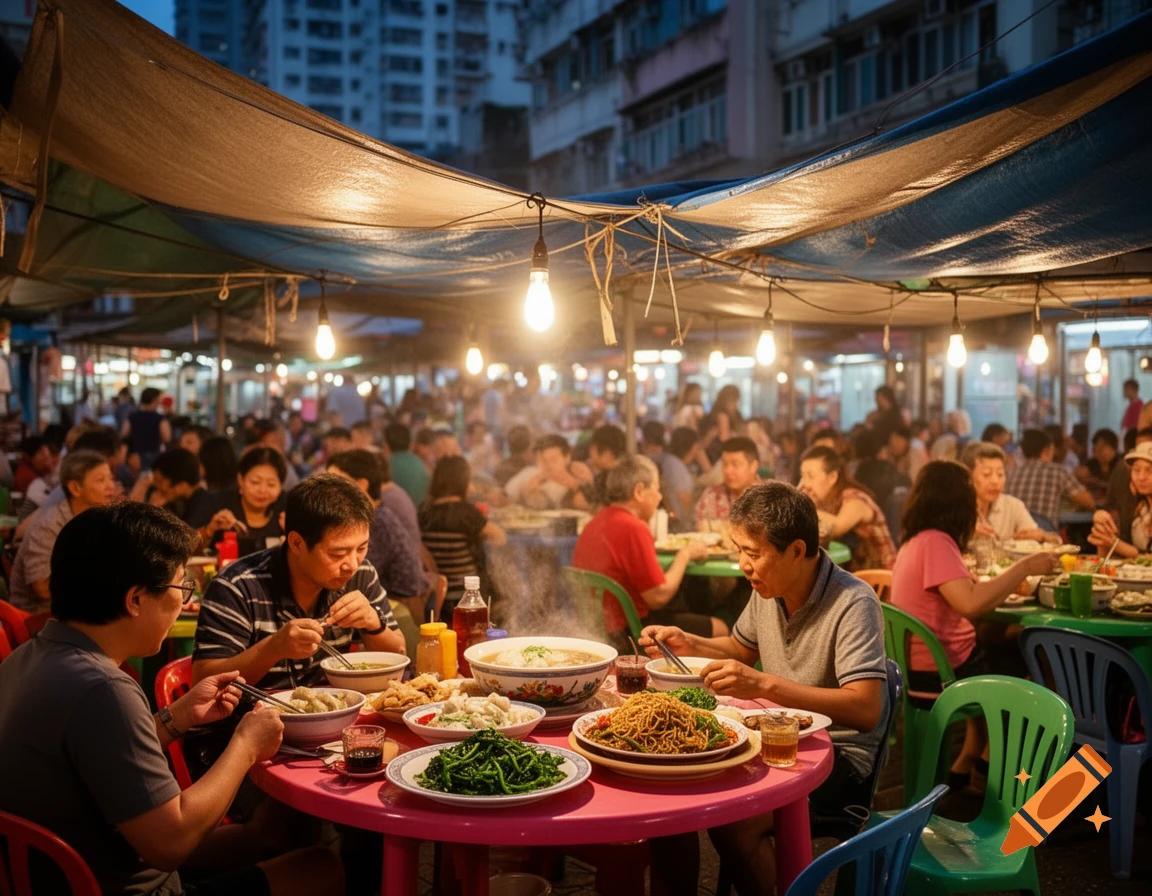 Bustling night scene at an outdoor street food market with people dining at tables under a lit tarpaulin canopy.