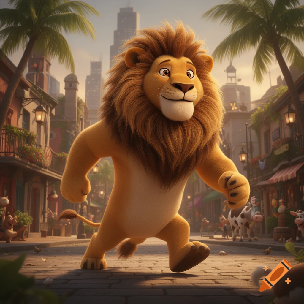 A cartoon lion with a big mane walks down a cobblestone street lined with shops and palm trees in a city setting.