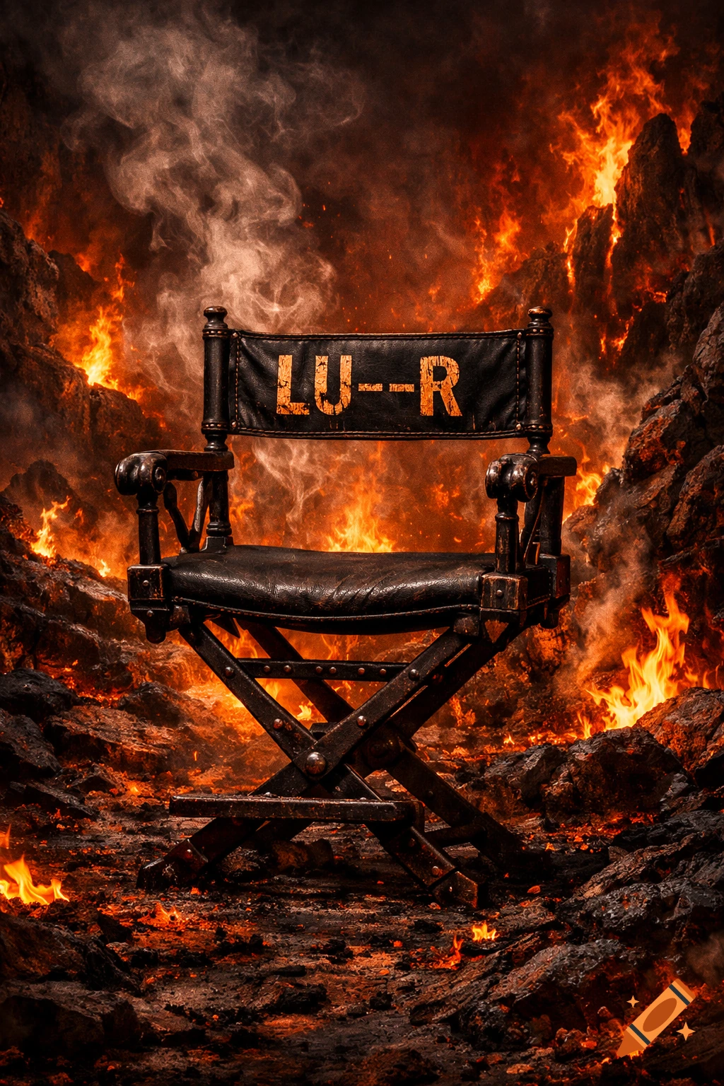A black director's chair with "LU-R" on the back is centered in a fiery, hellish landscape with smoke and rocky terrain.