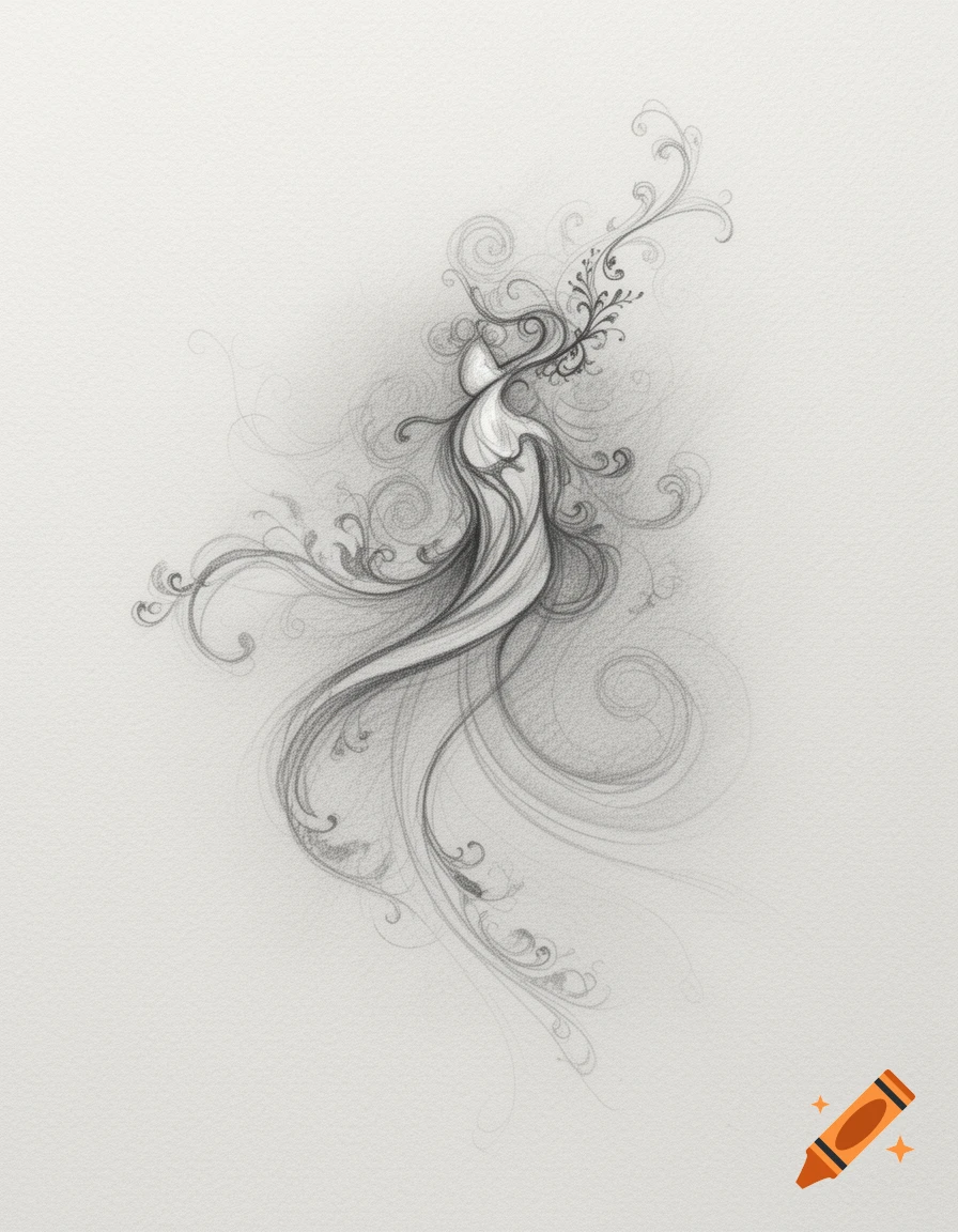 A detailed pencil sketch of flowing, organic lines forming an abstract, decorative design on white paper.