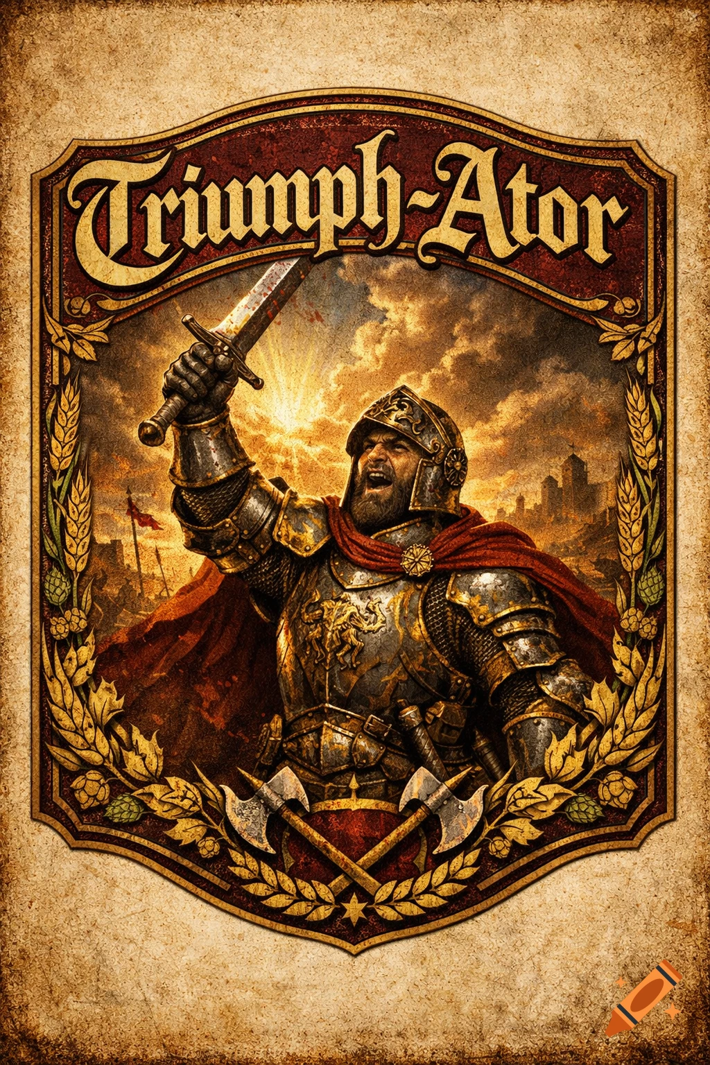 A vintage-style beer label featuring a heroic knight in golden armor raising a sword against a sunset, with 'Triumph-Ator' text in a decorative frame.