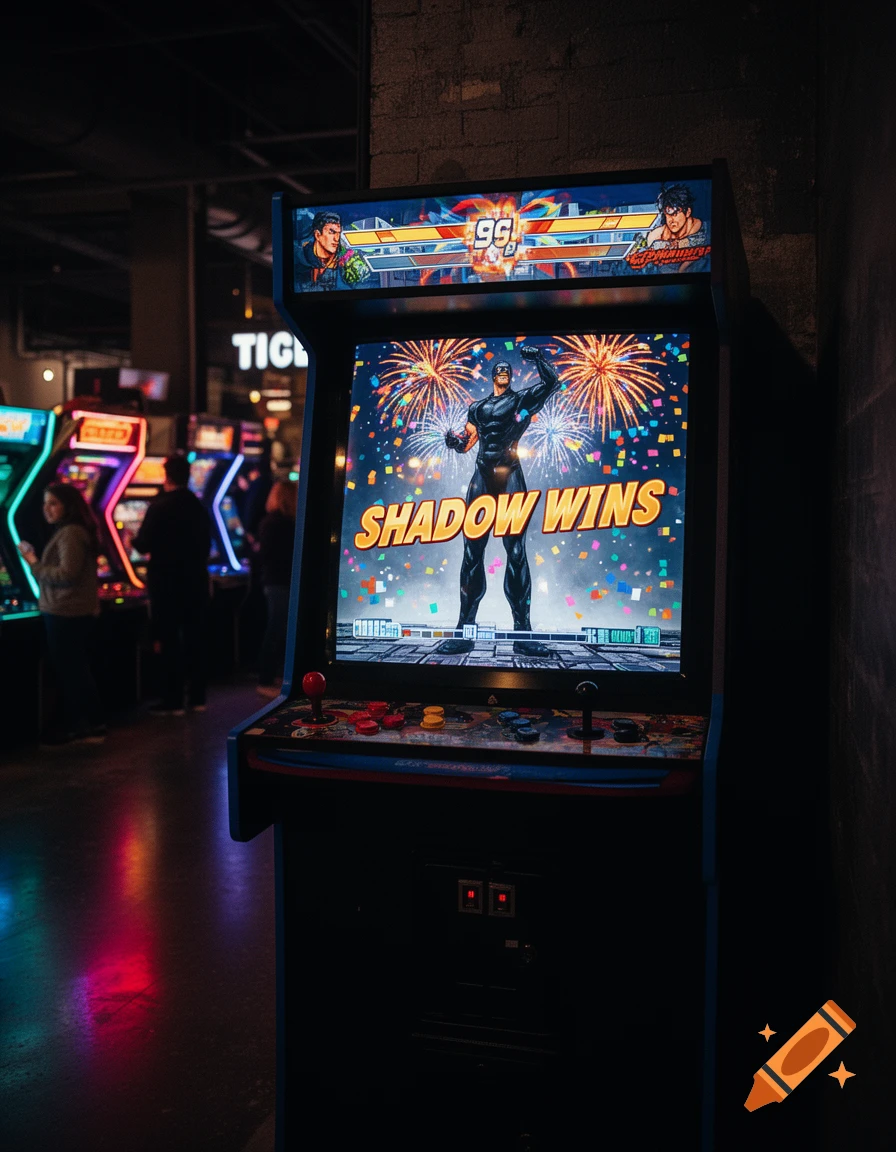 An arcade machine displays a fighting game screen with 'SHADOW WINS' text, a masked character, and fireworks, in a dimly lit arcade.