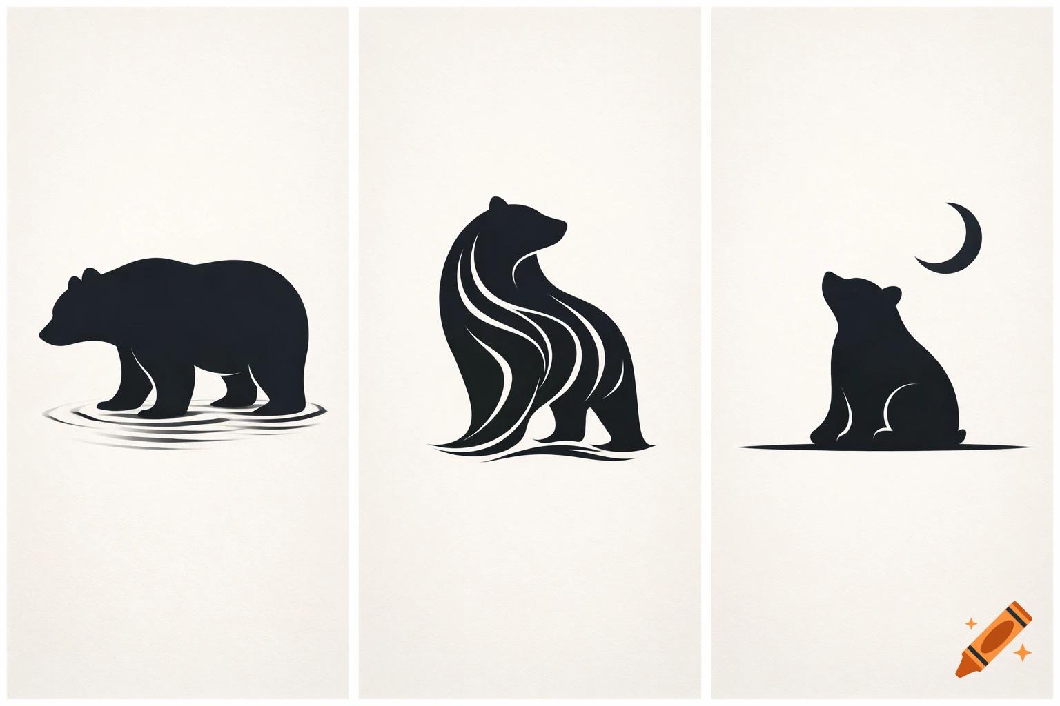 Three minimalist black bear silhouettes: one standing in water, one with wavy lines on its body, and one looking at a crescent moon.