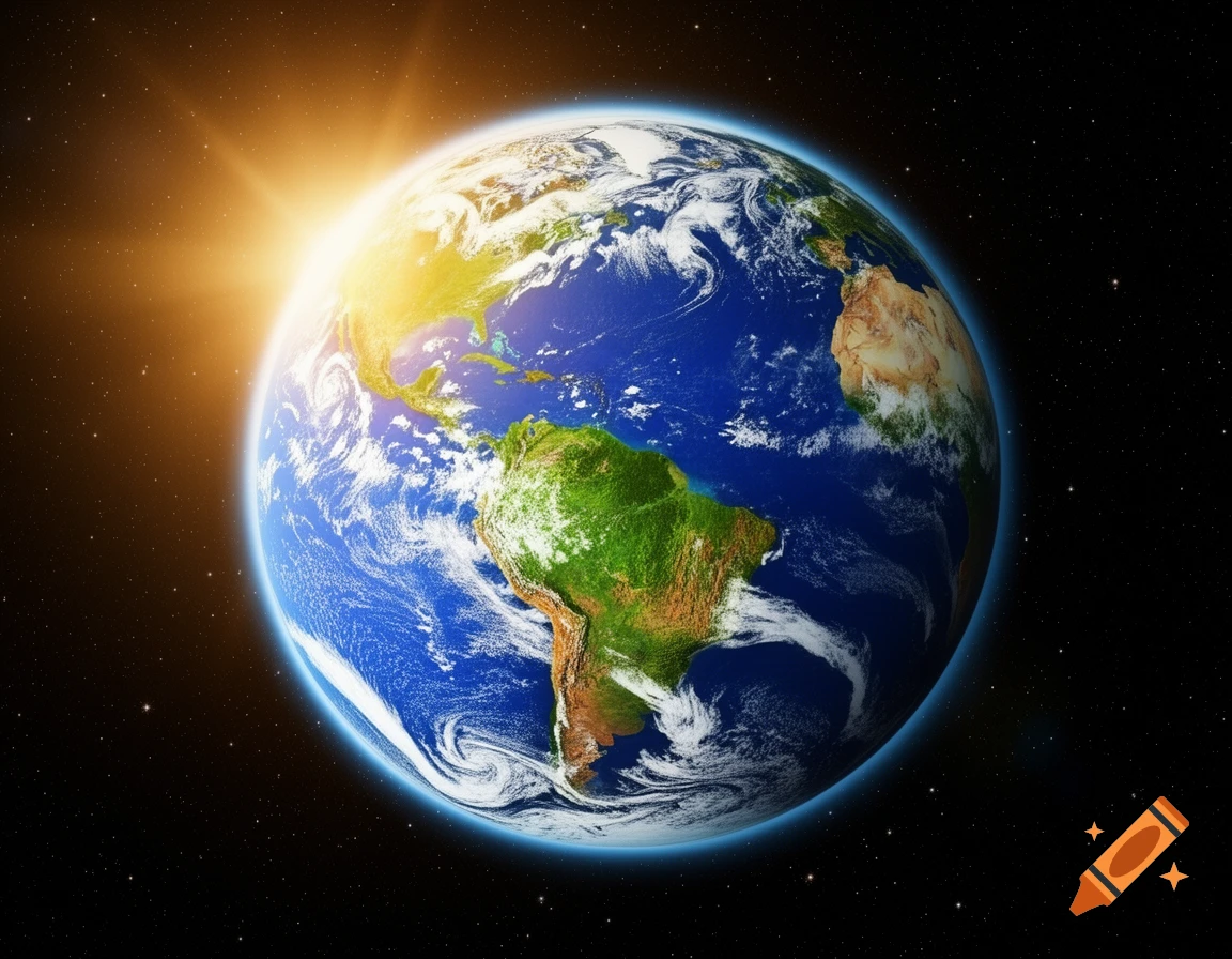 Vibrant Earth from space, illuminated by a bright sun on the left, showing continents and clouds against a starry background.