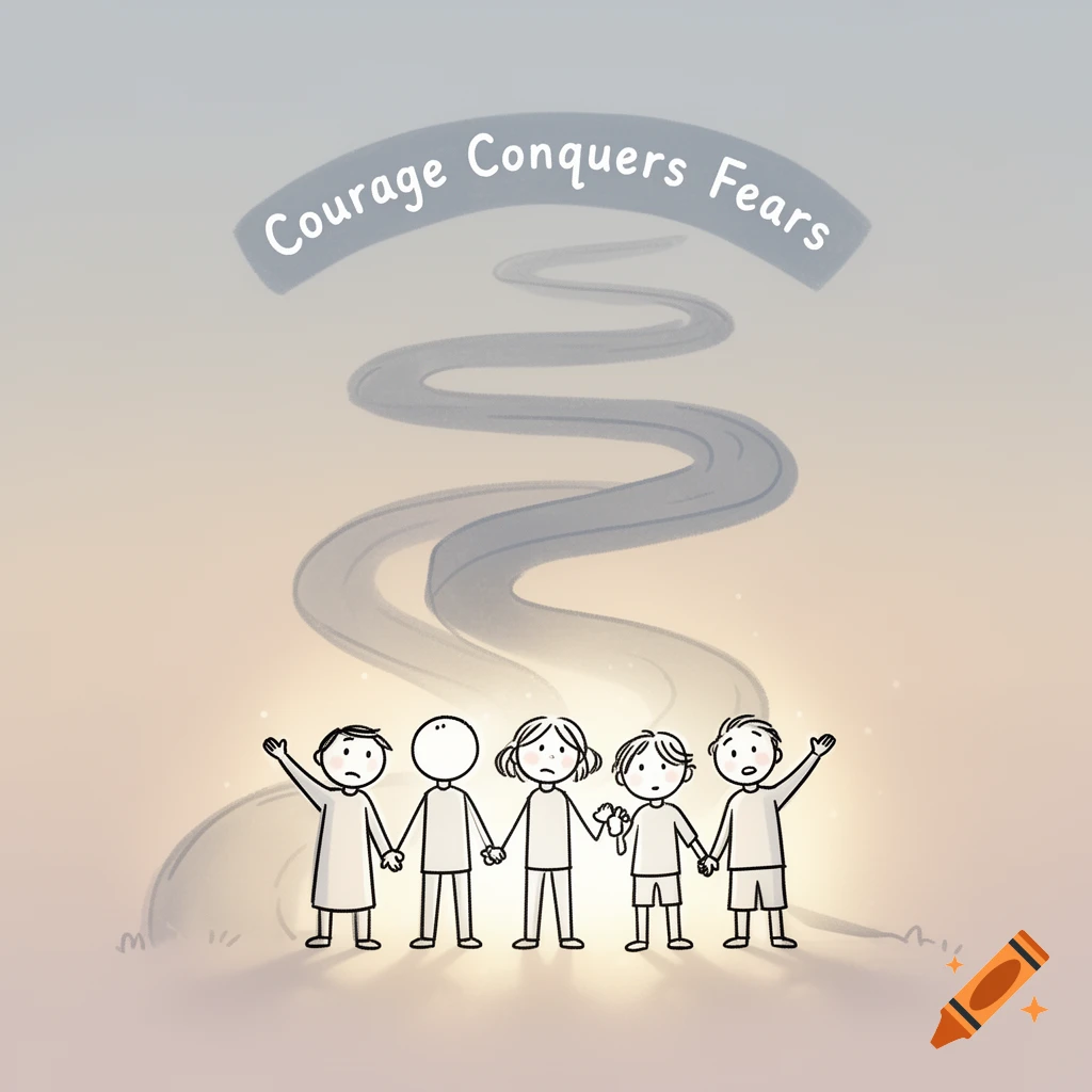 Cartoon illustration of five stick figures holding hands under an arched text "Courage Conquers Fears" and a winding path.