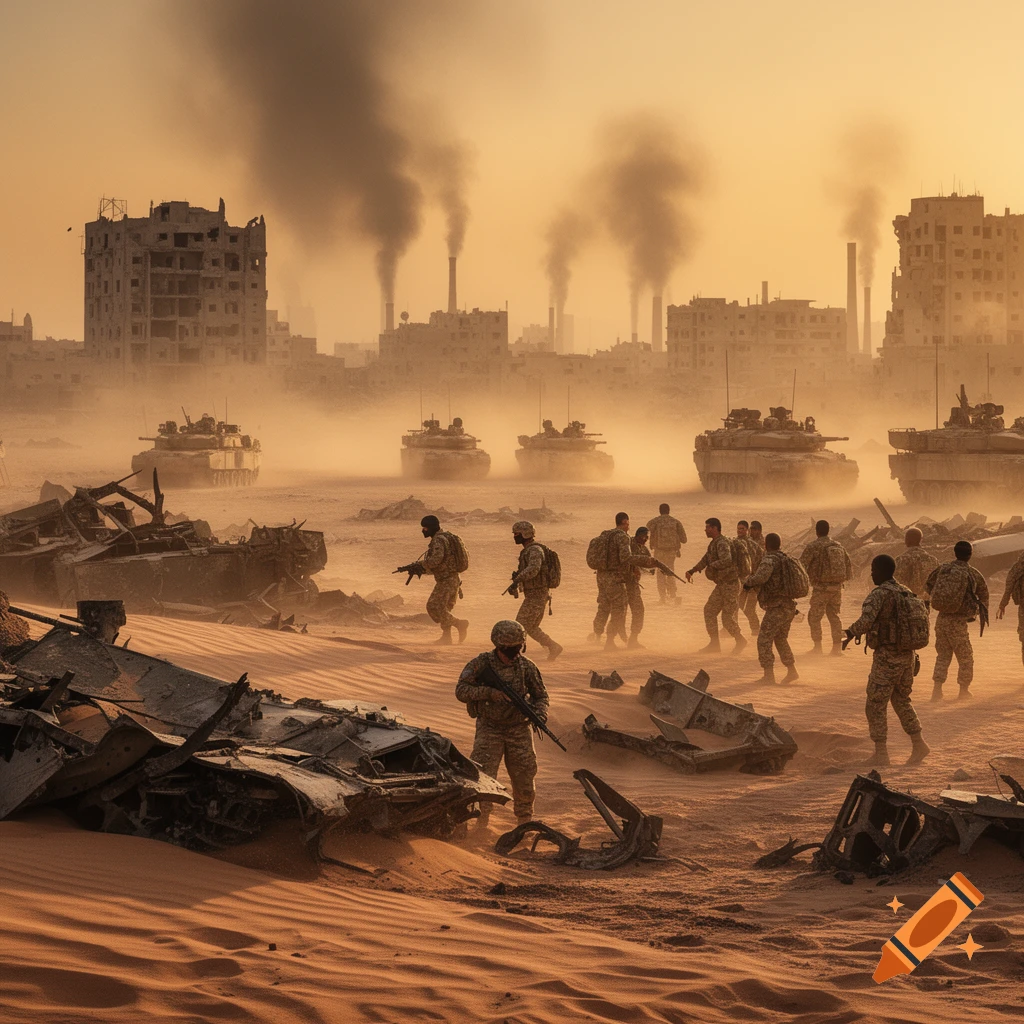 Photorealistic scene of soldiers and tanks moving through a smoky, dusty desert battlefield with destroyed buildings in the background.