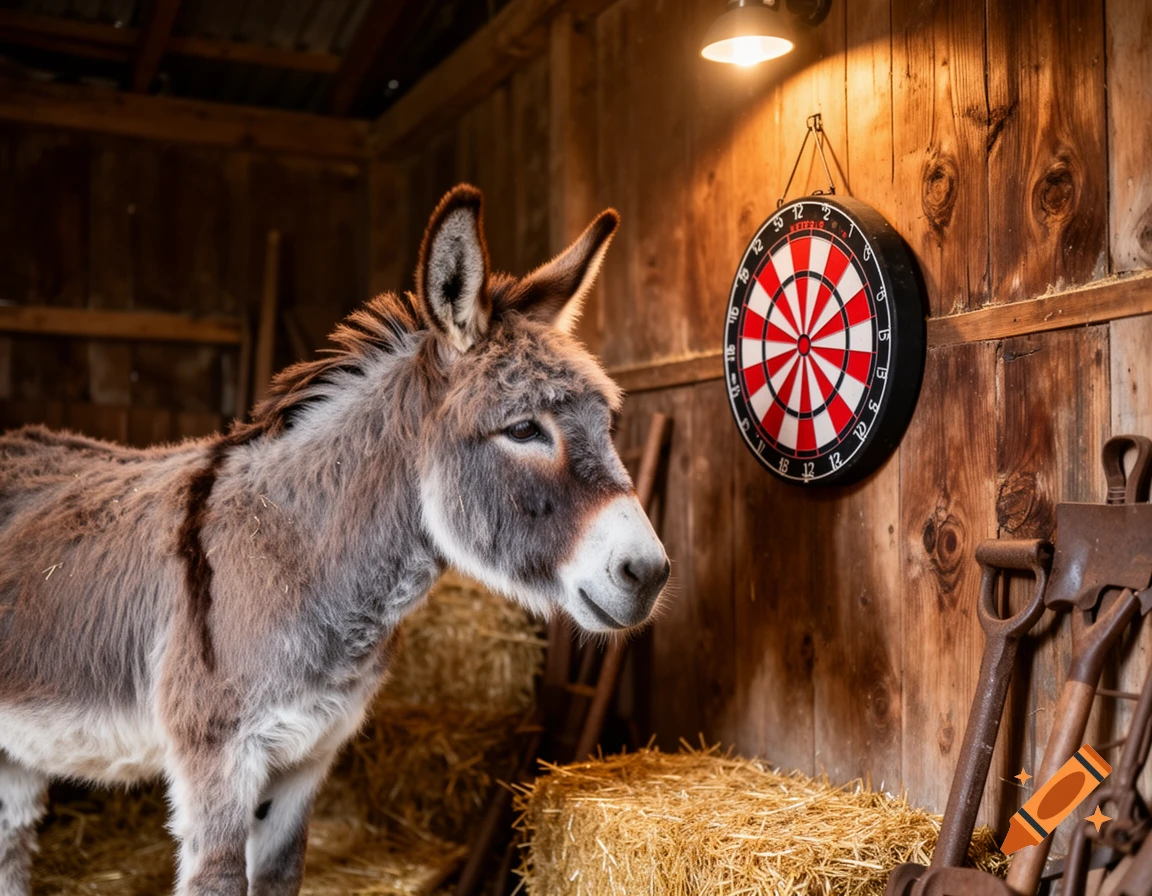 A photorealistic image of a donkey standing in a rustic barn next to hay bales, with a dartboard hanging on a wooden wall under a light.