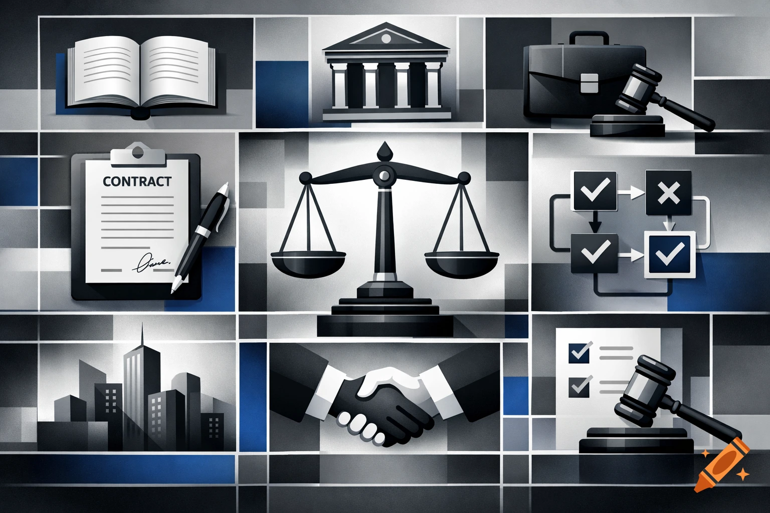 Graphic collage of legal and business icons including scales of justice, gavel, contract, and handshake, in black, white, and blue.