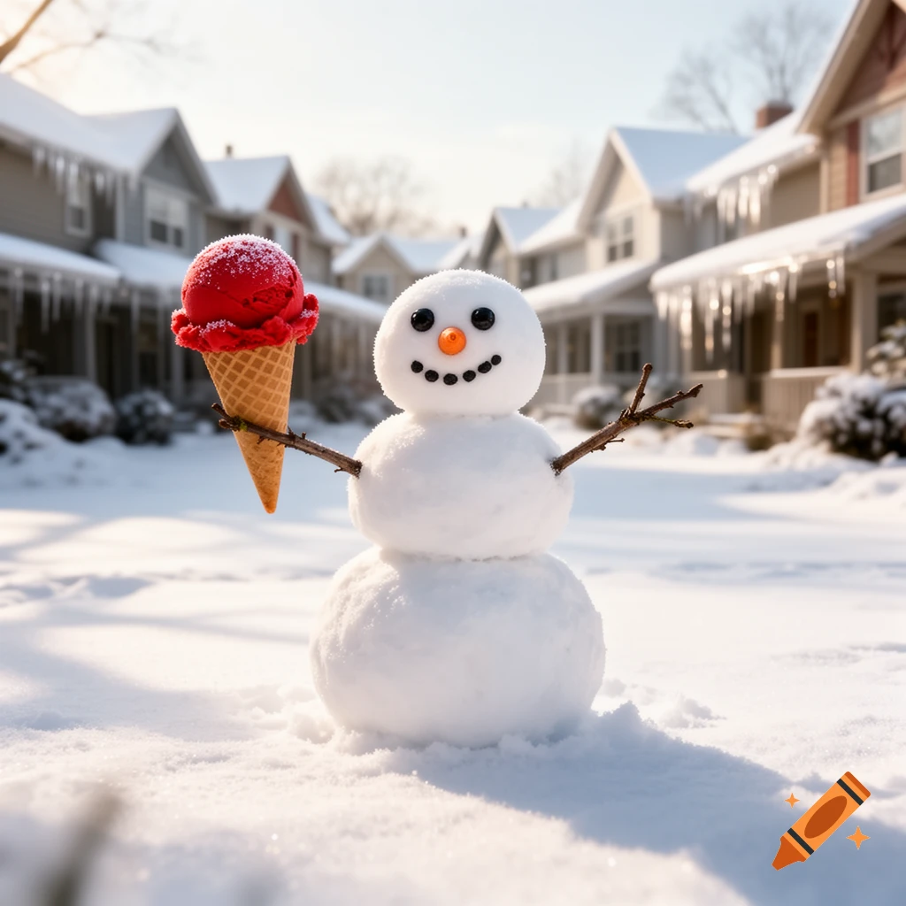 Smiling snowman holding a red ice cream cone on a sunny, snowy residential street with icicle-covered houses in the background.