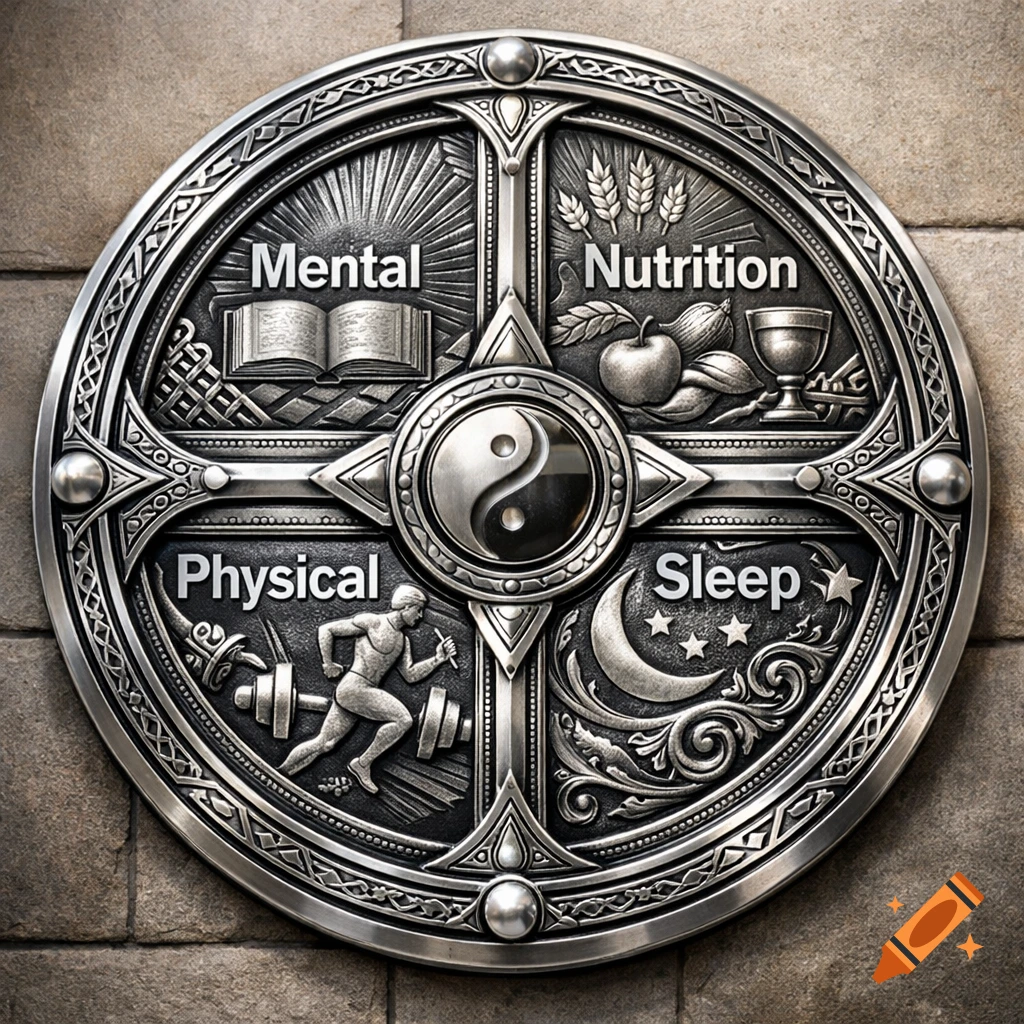 A detailed metallic medallion with a Yin-Yang symbol at its center, divided into four quadrants labeled Mental, Nutrition, Physical, and Sleep, each with corresponding icons like a book, fruits, a runner, and a moon with stars, set against a stone wall.