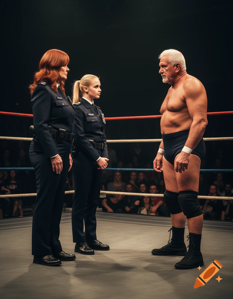 Two policewomen in uniform stand opposite an older male wrestler in a brightly lit wrestling ring.