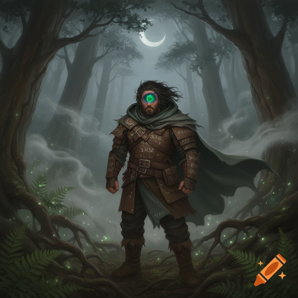 A long-haired D&D adventurer with a glowing green void eye stands in a misty, moonlit forest, wearing brown leather armor and a green cloak.