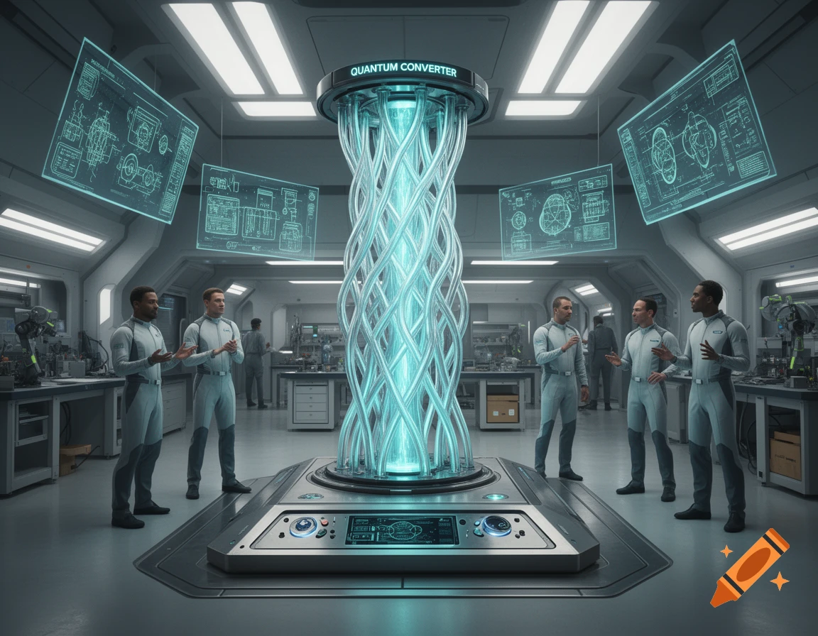 Five men in a futuristic lab observe a glowing quantum converter device with holographic screens.