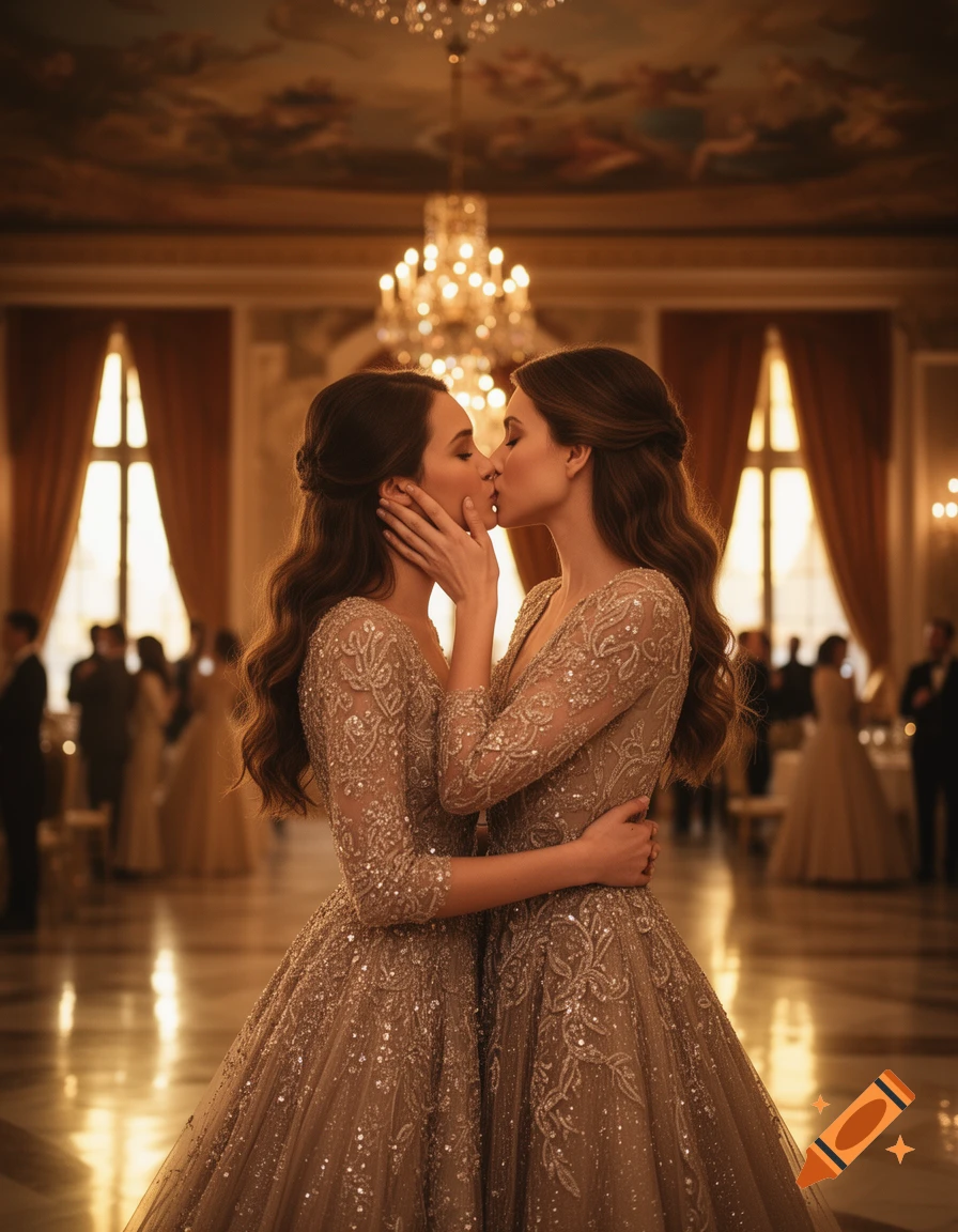 Two women in sparkling, long-sleeved gowns kiss intimately in a grand ballroom under chandeliers, photorealistic.