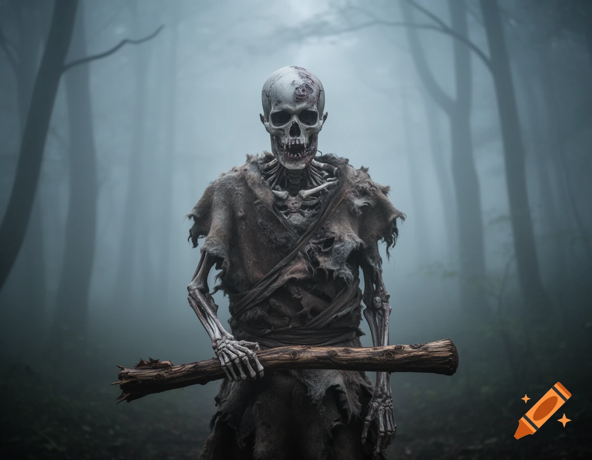 A skeletal zombie in tattered rags holds a wooden club, standing in a dark, foggy forest.