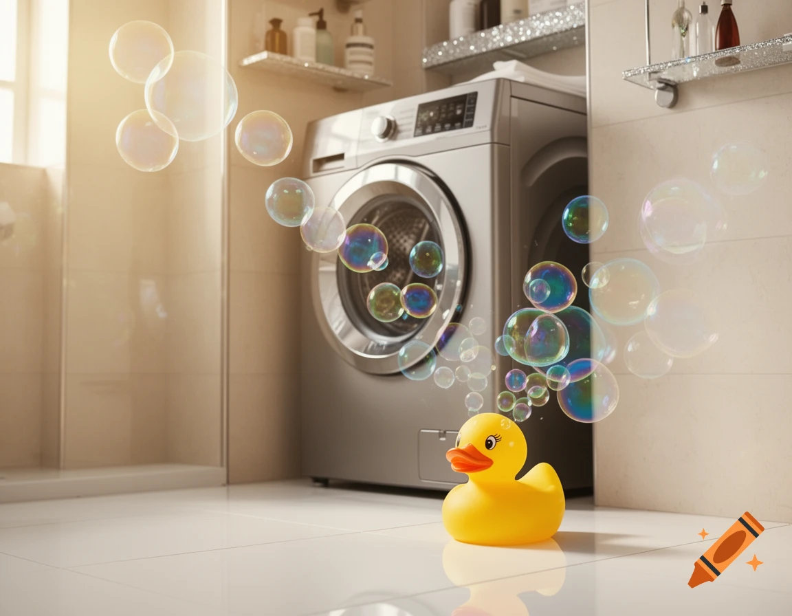 A yellow rubber duck sits on a tiled bathroom floor with a washing machine behind it, surrounded by soap bubbles.