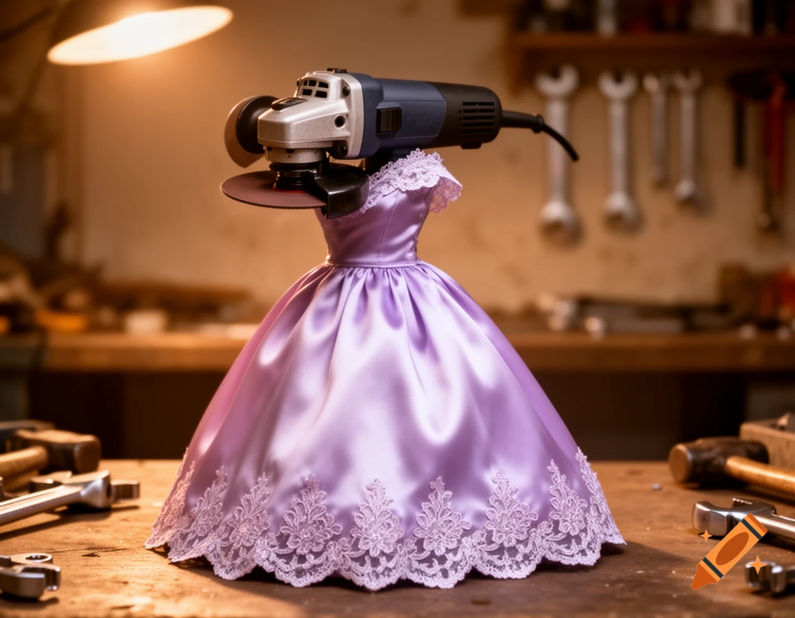 A photorealistic image of an angle grinder wearing a purple satin dress with lace trim, set on a workbench surrounded by tools.
