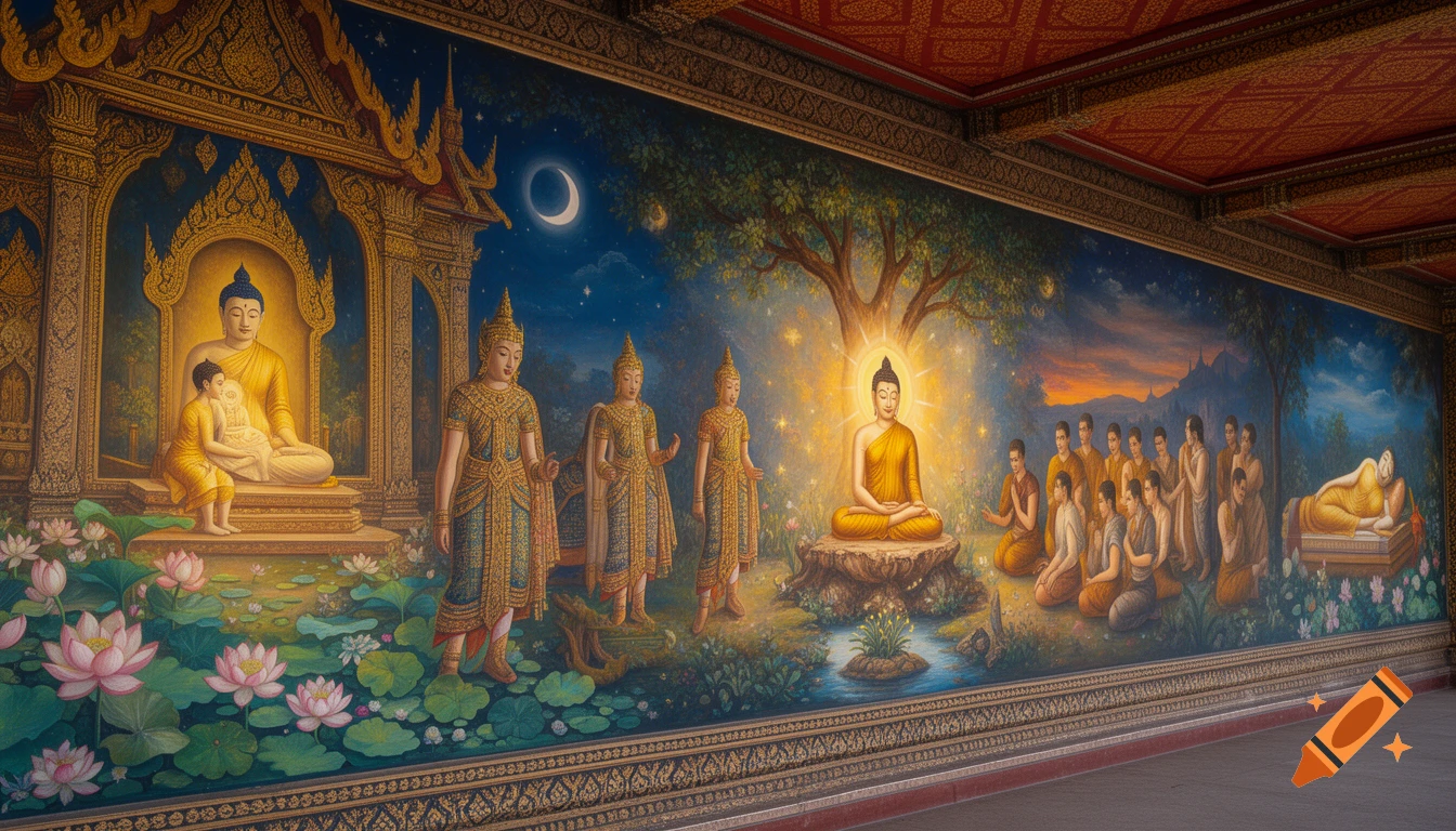 Majestic and intricate traditional Thai temple mural depicting scenes from the life of Lord Buddha.