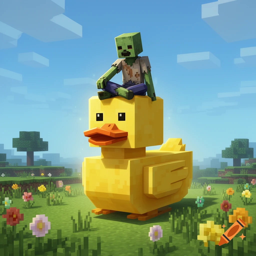 A blocky Minecraft zombie sits cross-legged atop a large yellow rubber duck in a grassy field with colorful flowers and trees under a blue sky.