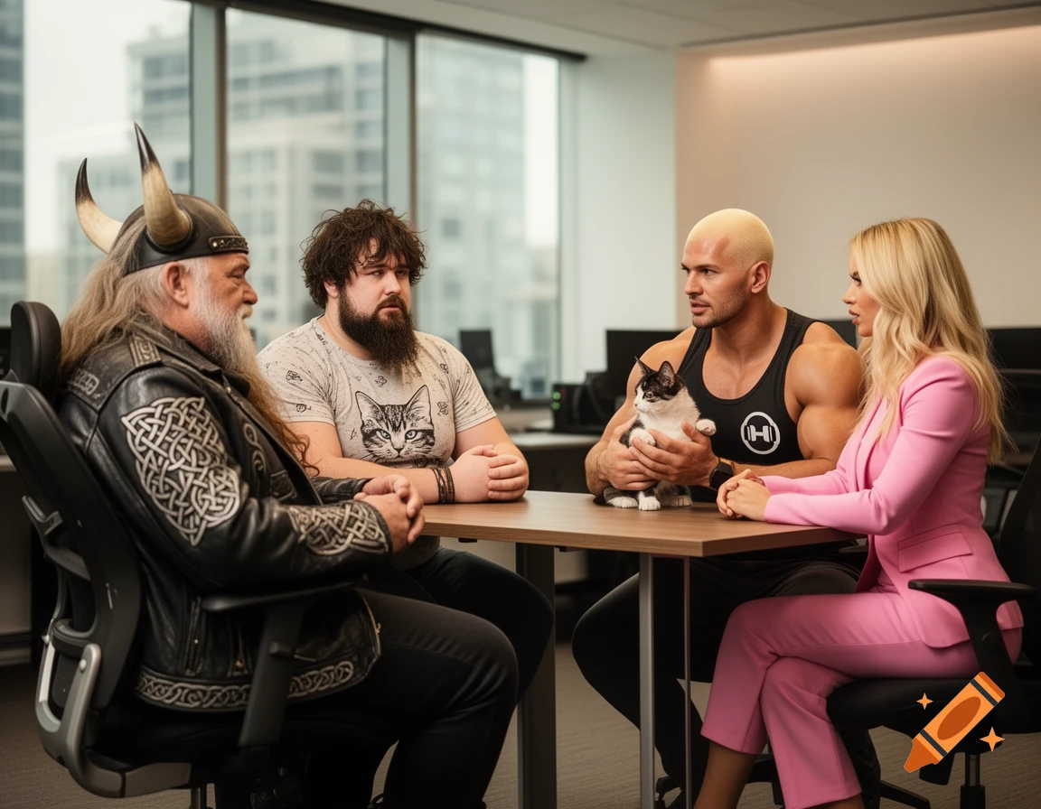 Four diverse people and a cat sit around a table in a modern office. A man in a Viking helmet and another in a cat t-shirt are on one side, facing a bodybuilder with a cat and a woman in a pink suit on the other.