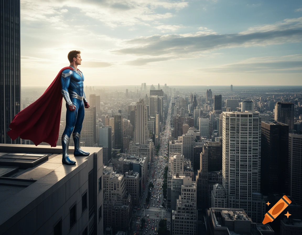 A superhero in a blue suit and red cape stands on a skyscraper ...