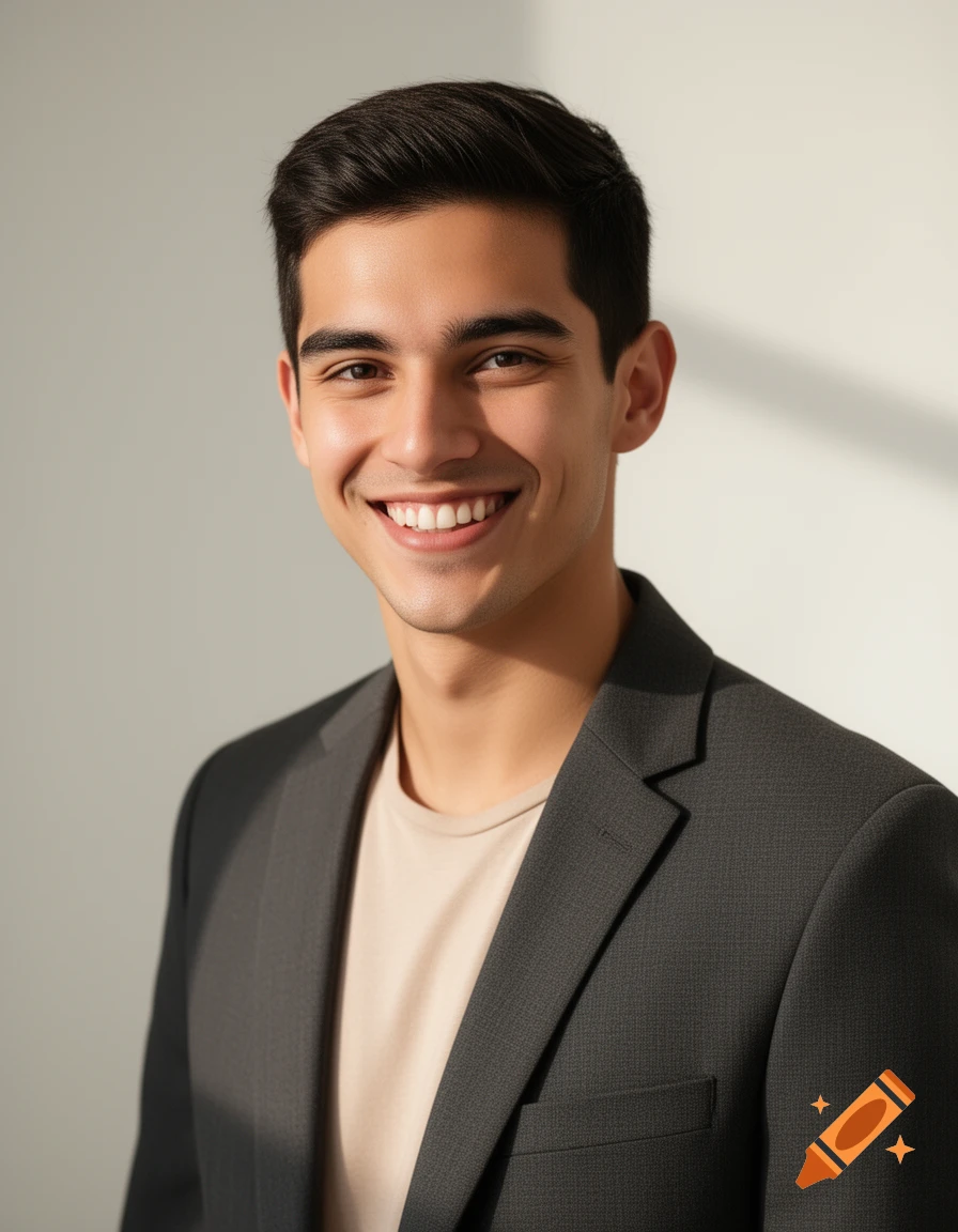 A smiling young man in a dark grey suit jacket and beige t-shirt, lit by soft natural light, against a light background.