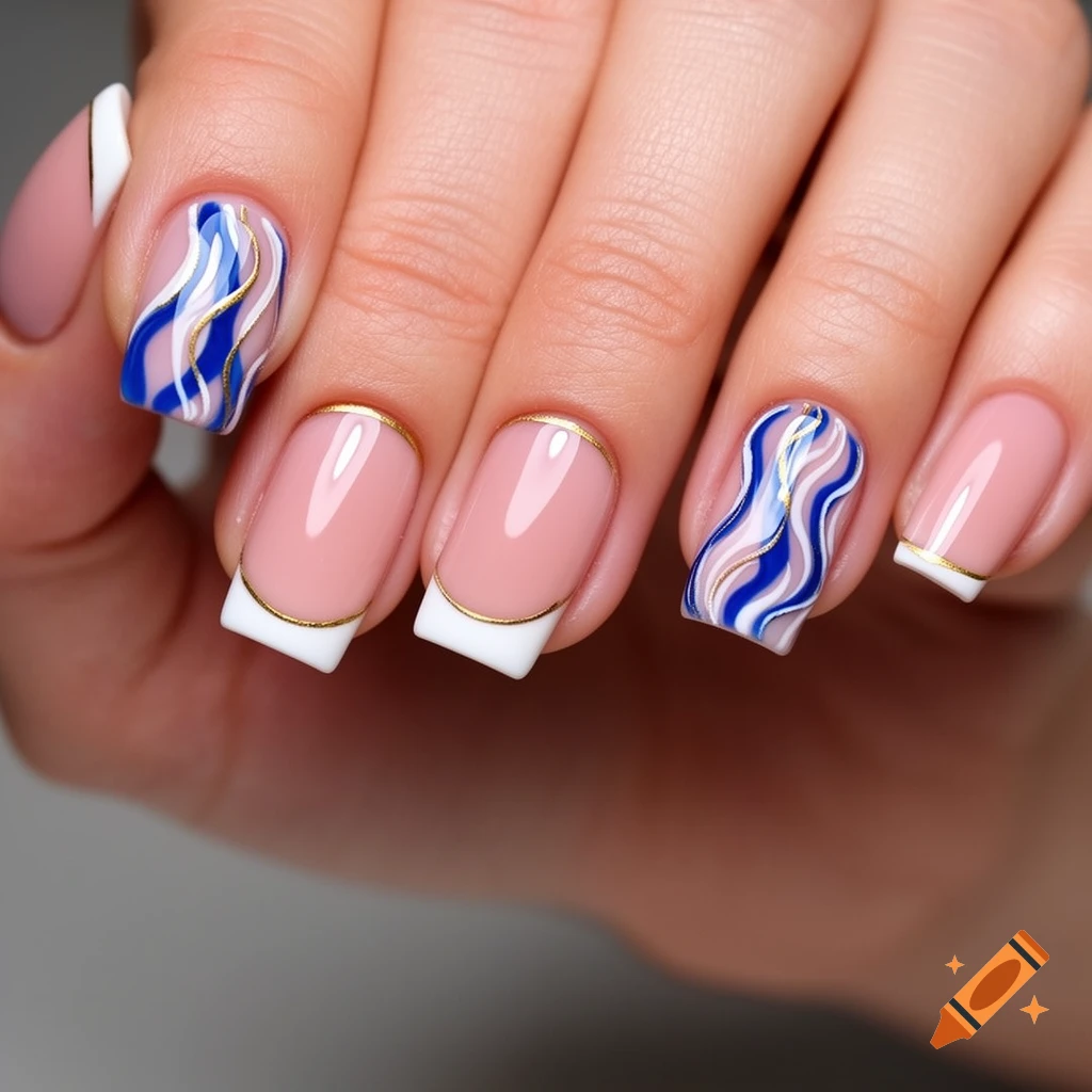 A hand with square-shaped nails featuring nude pink bases, white French tips with gold outlines, and wavy blue, white, and gold squiggle designs.