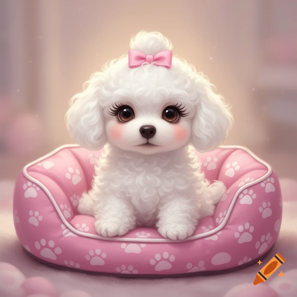 A cute, stylized white poodle puppy with big eyes, long eyelashes, blush, and a pink bow, sitting in a pink dog bed with white paw prints.
